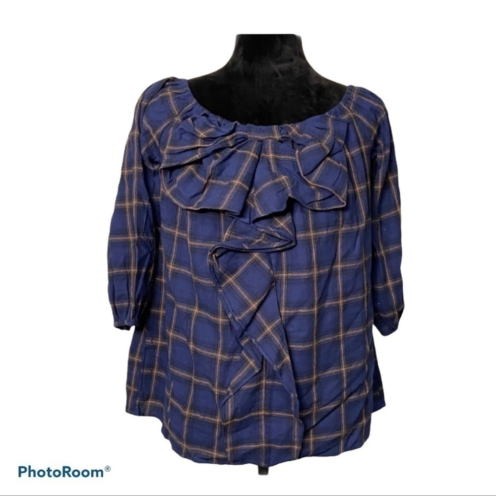 entro blue plaid front ruffle off shoulder top NWT size Medium